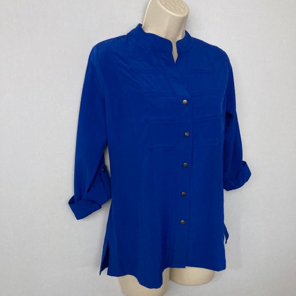 LAURA SCOTT Petites Royal Blue Mandarin Top - Picture 5 of 8